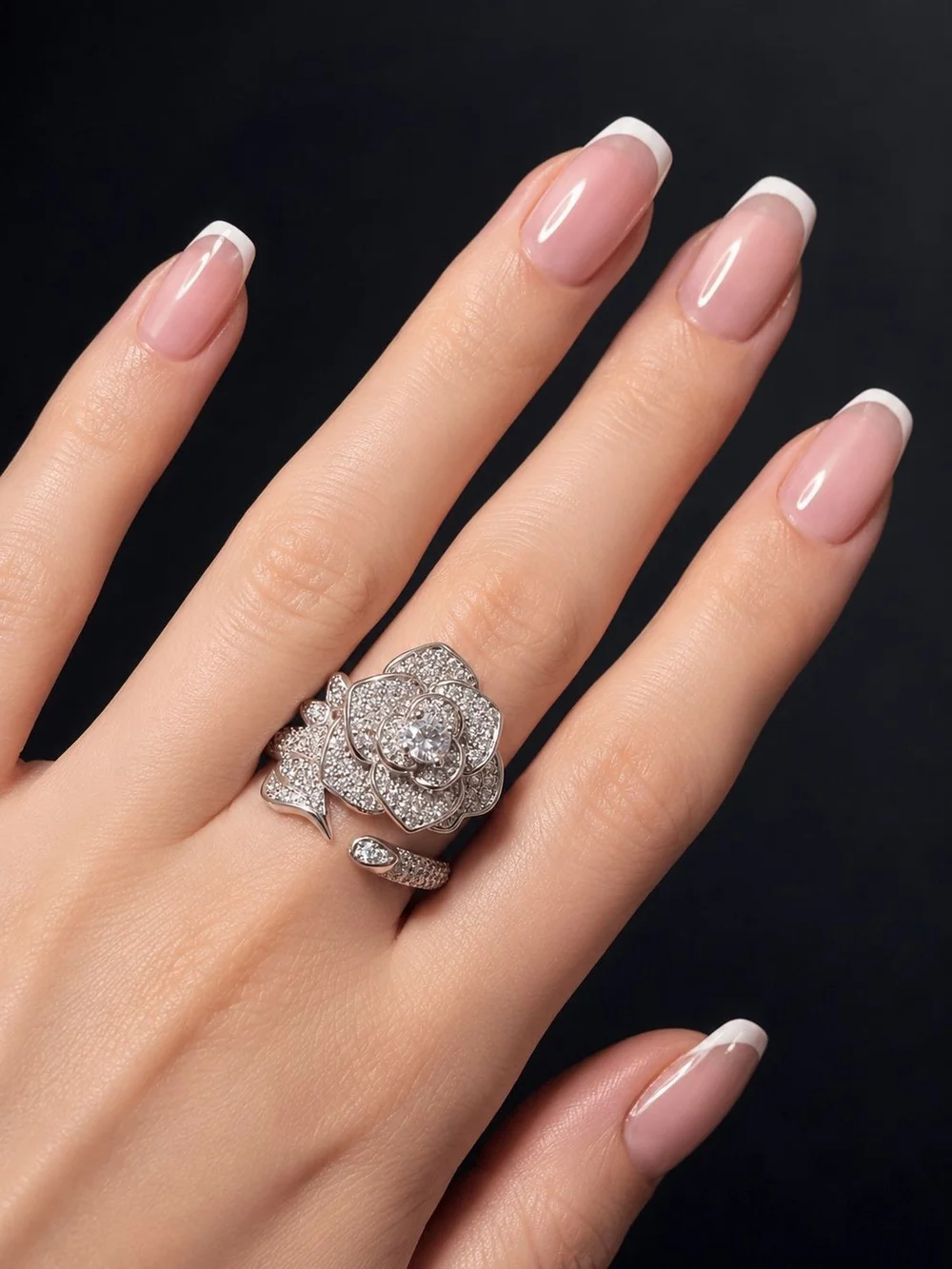 Silver Crystal Rose Statement Ring | Luxe Floral Cocktail Ring | Sparkling Rhine - Picture 1 of 7